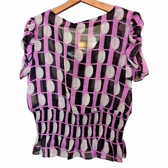 BCBGMAXAZRIA Chiffon Top V-Neck Abstract Pink Black Short Sleeves Neck Tie NWT - Picture 2 of 7